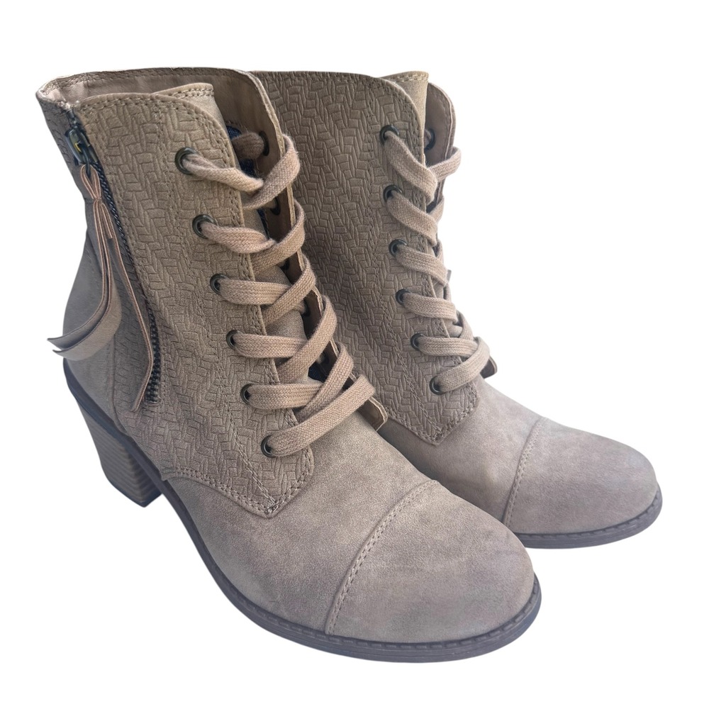 Roxy Calico Ankle Boots Women 8 Tan GUC Lace Up Side Zip Block Heel ARJB700434